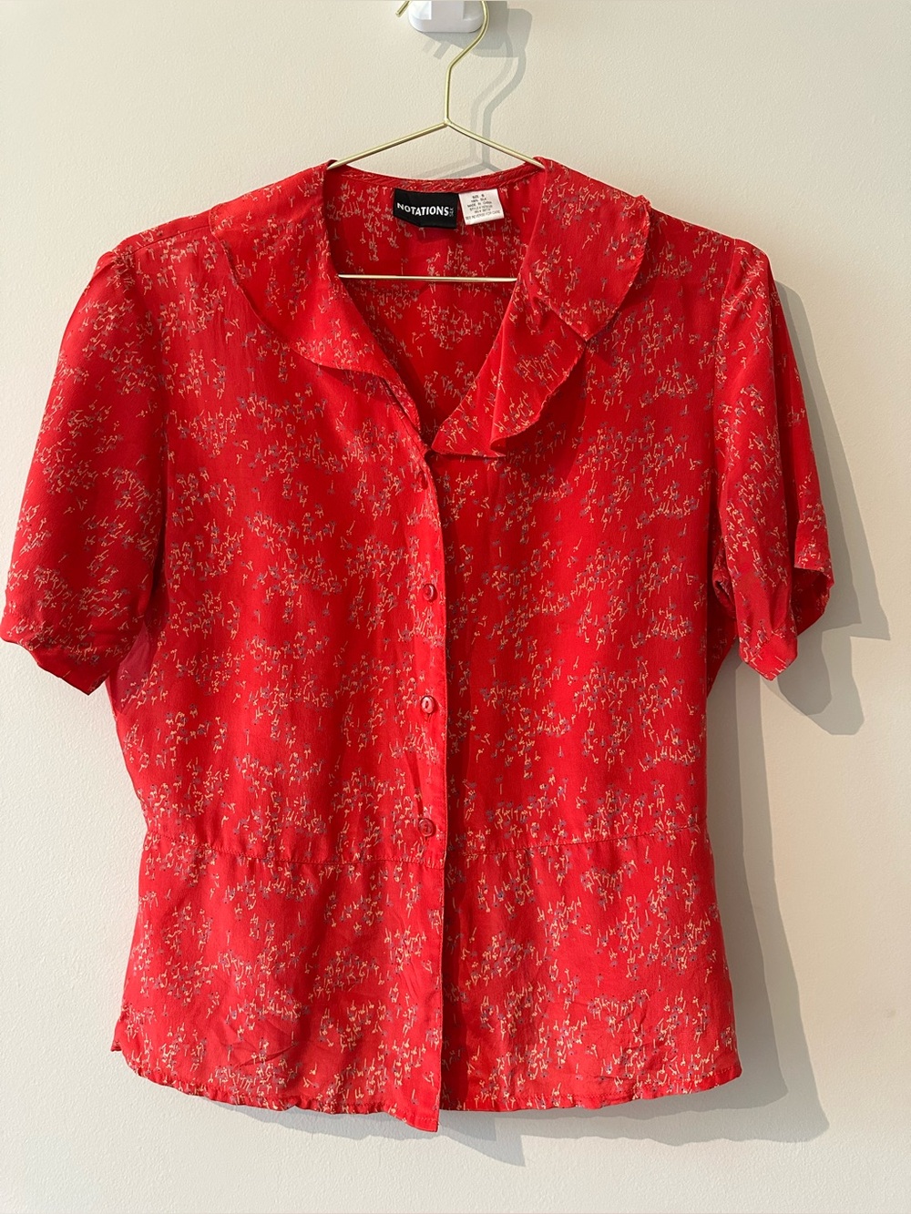 Notations 100% Silk Red Ruffle-Collar Button Front Top size Small